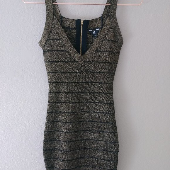 Guess Bodycon V-neck Black Gold Dress LBD Small - Picture 10 of 12
